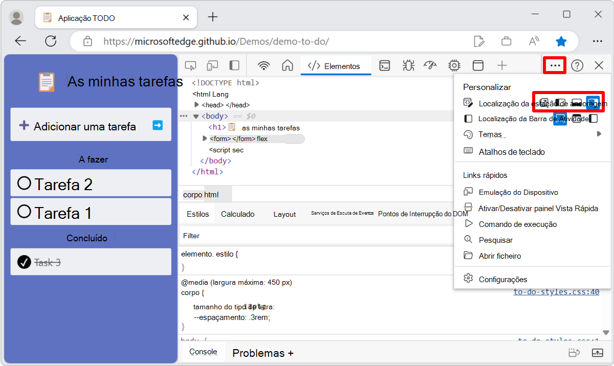 O menu de localização do Dock no DevTools
