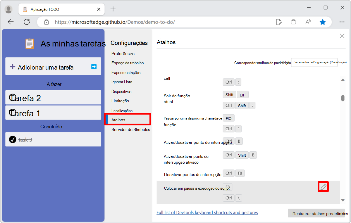 Selecione a ação a ser personalizada na página Atalhos em Configurações