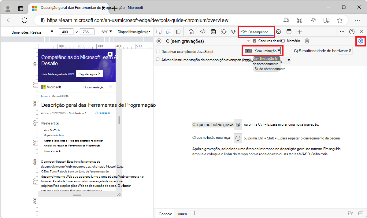 Configurando a limitação de rede na ferramenta Desempenho