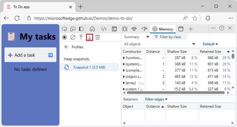 Microsoft Edge com DevTools, mostrando a ferramenta Memória, com o botão Salvar