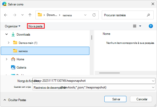 A caixa de diálogo Salvar como no Windows, mostrando o arquivo de rastreamento de memória sendo salvo em uma pasta de rastreamentos