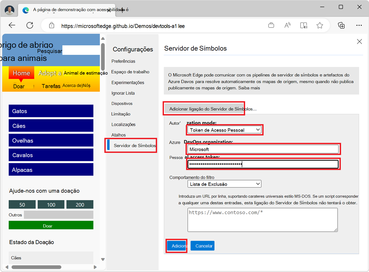 A tela Configuração do servidor de símbolos nas configurações do DevTools, mostrando os campos necessários para criar uma nova conexão PAT