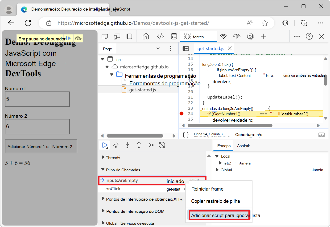 Adicionando um script à Lista de Ignorados no painel Pilha de Chamadas