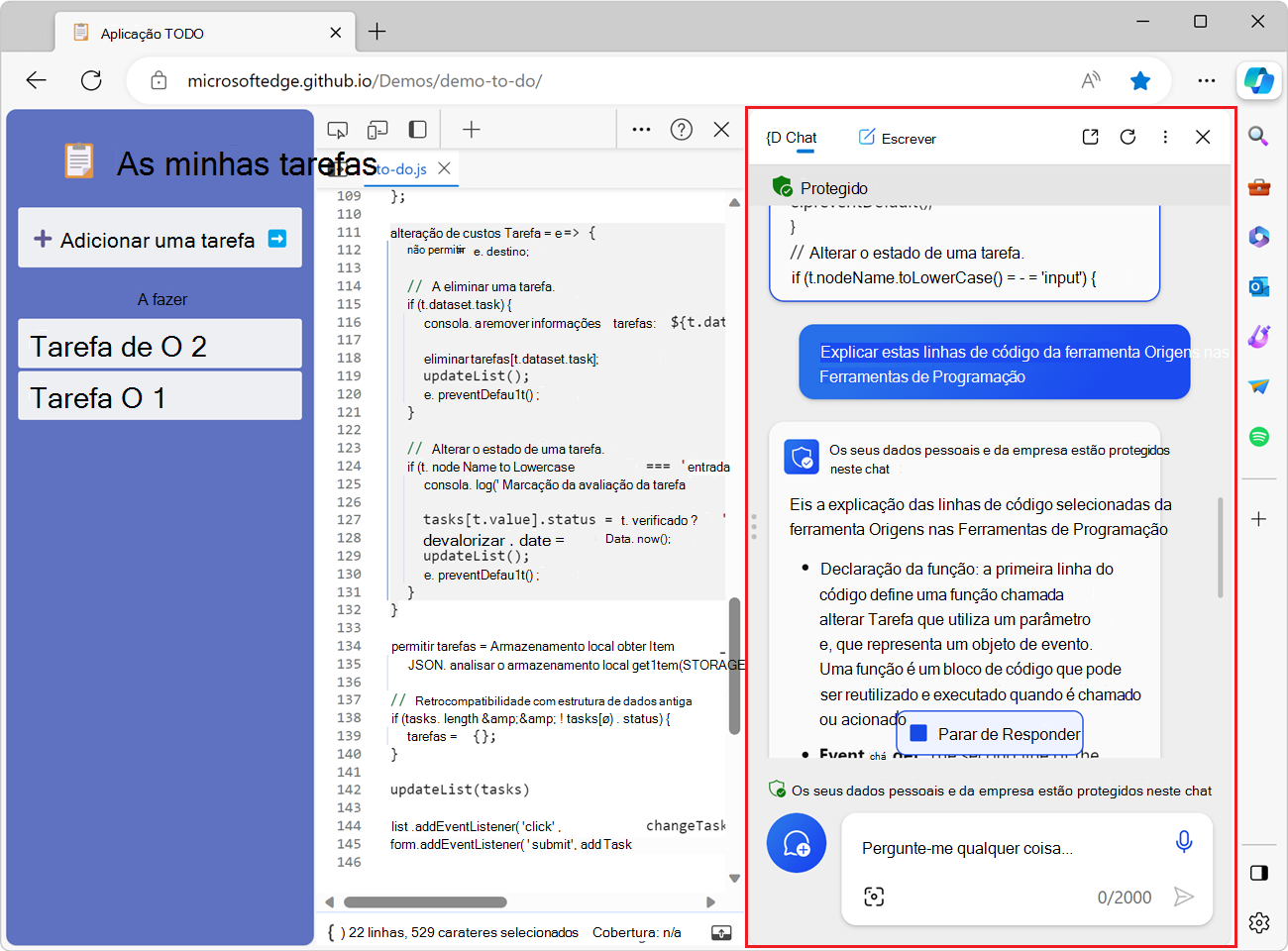 Copilot na barra lateral do Microsoft Edge, mostrando o código-fonte e a explicação.