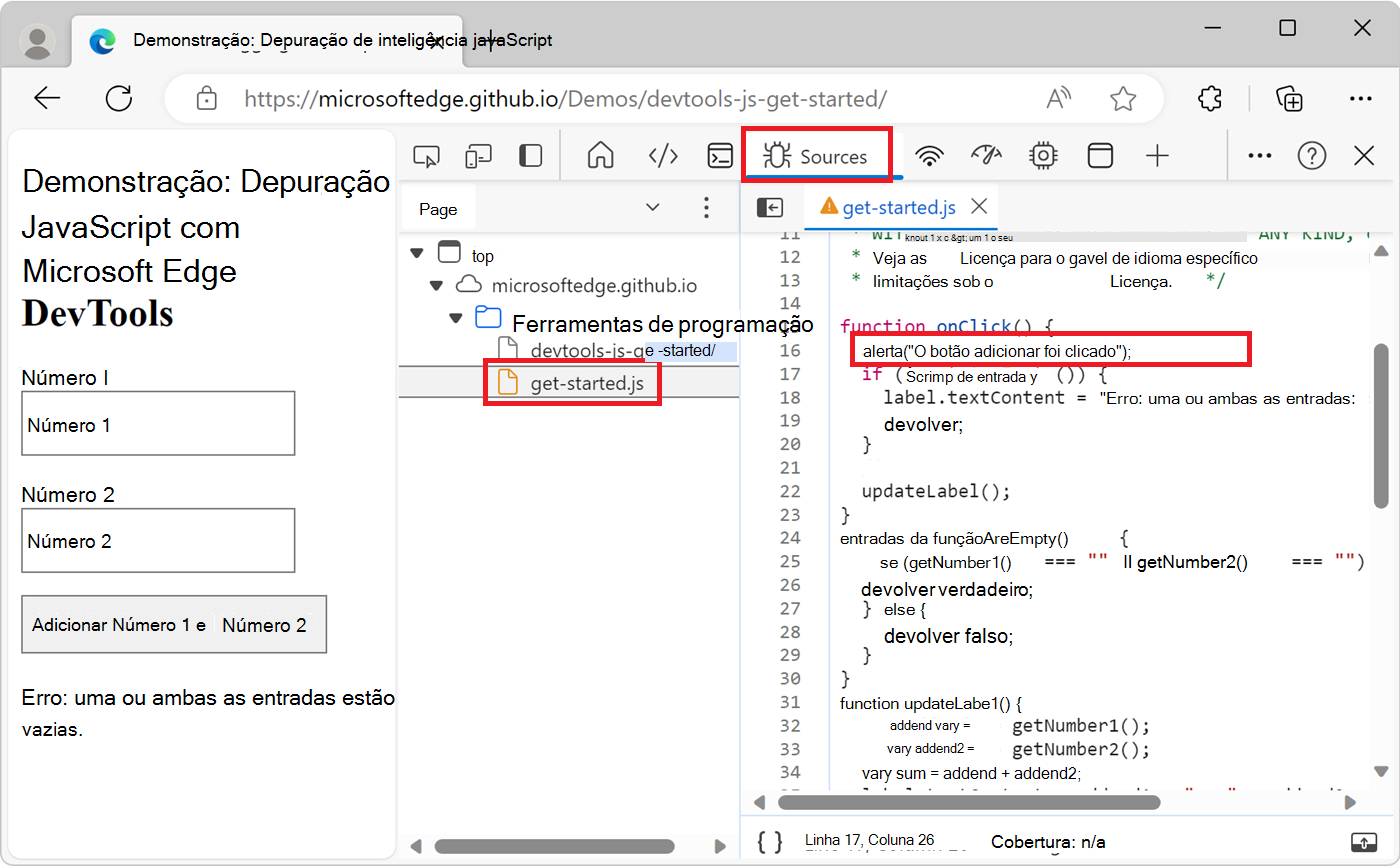 A ferramenta Fontes, mostrando a alteração de código no arquivo get-started.js