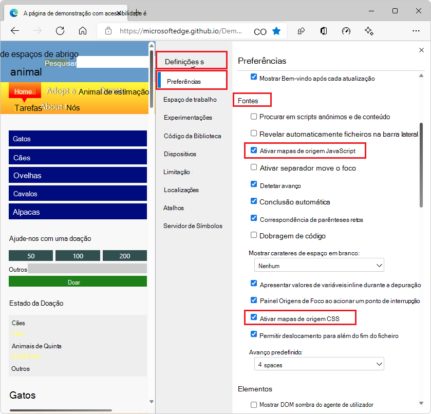 A seção Fontes da página Preferências com as caixas de seleção 'Habilitar mapas de origem' selecionadas