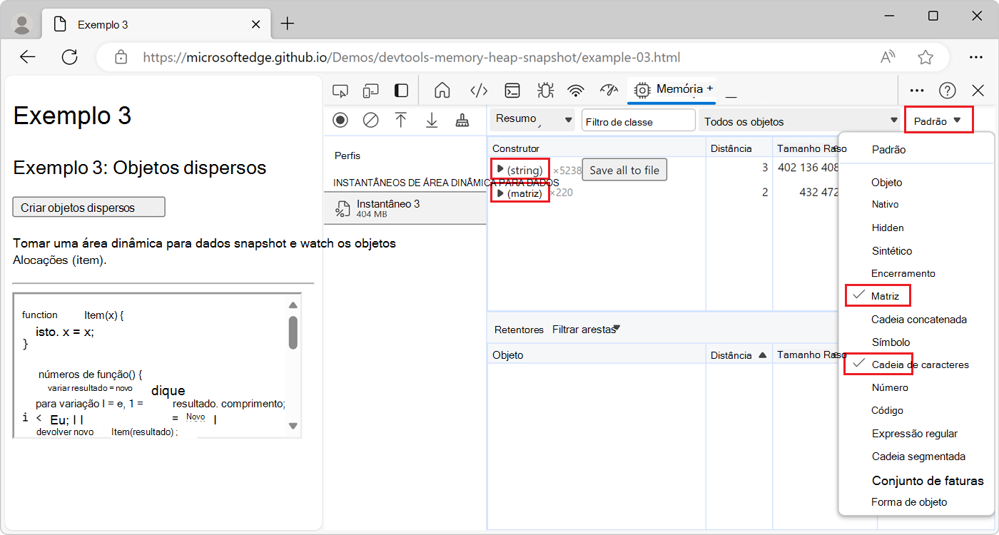 Tipos de nó em um snapshot de heap na ferramenta Memória