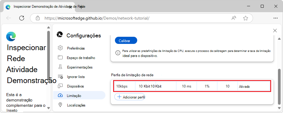 Criou um perfil de limitação personalizado nas Configurações > do DevTools > Limitação