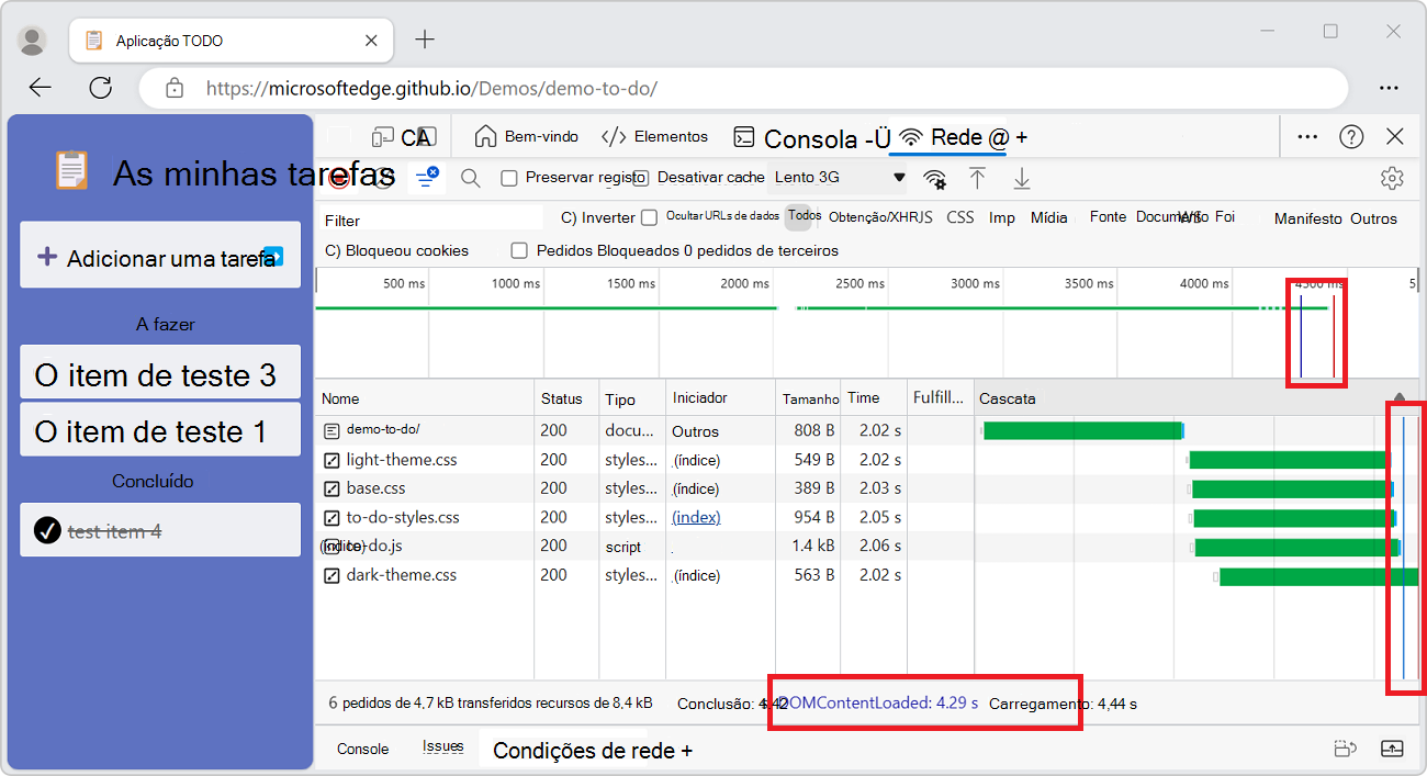 Os locais dos eventos DOMContentLoaded e load na ferramenta Rede