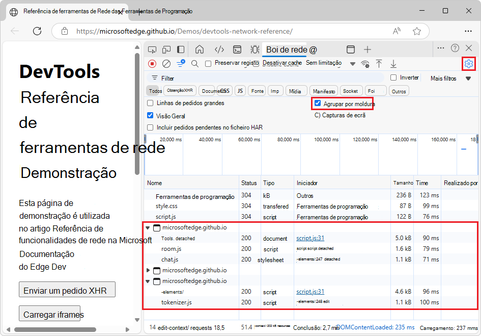 O log de solicitações de rede com solicitações agrupadas por iframes