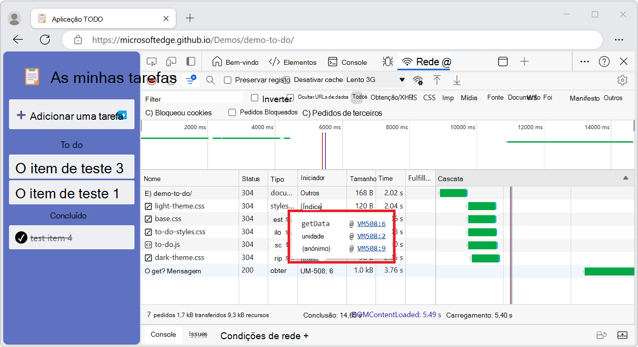 O rastreamento de pilha que leva a uma solicitação de recurso