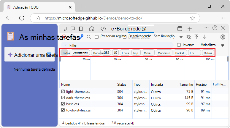 Usando os filtros de tipo para exibir recursos JS, CSS e Document