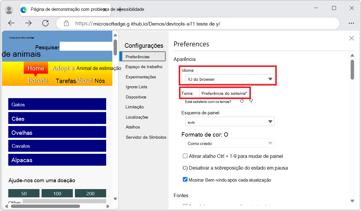 Todas as configurações no DevTools