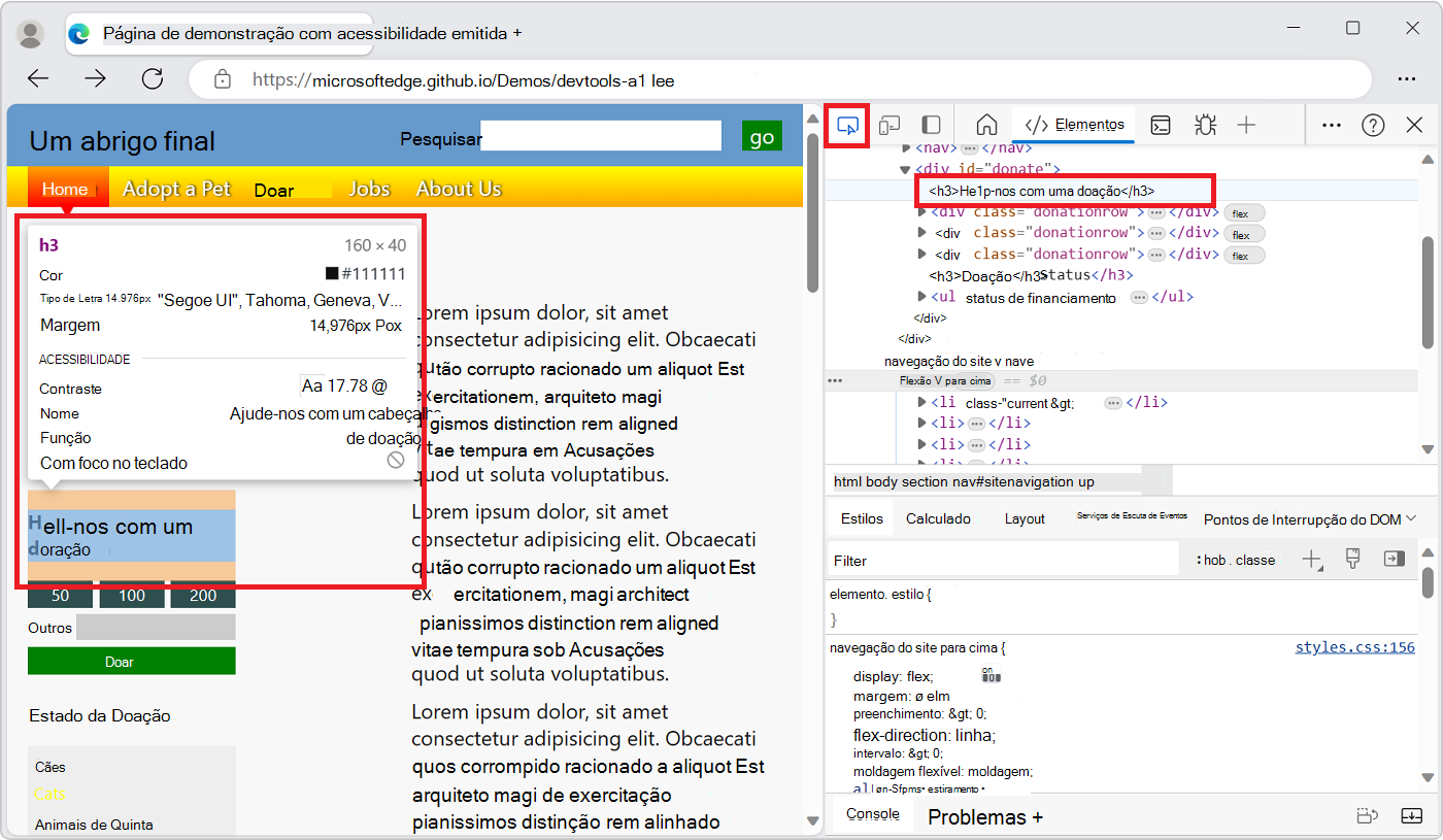 A ferramenta Inspecionar ao passar o mouse sobre o primeiro título deste artigo