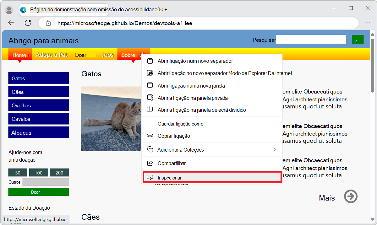 Clicando com o botão direito do mouse no link Sobre nós em uma página da Web de demonstração e selecionando o comando Inspecionar
