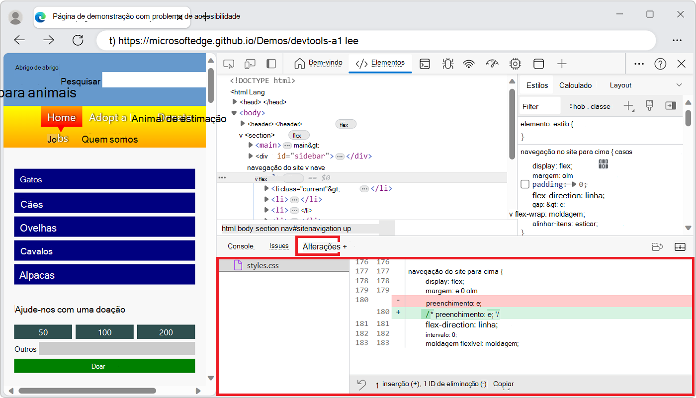O DevTools com a ferramenta Alterações aberta no painel Visualização Rápida
