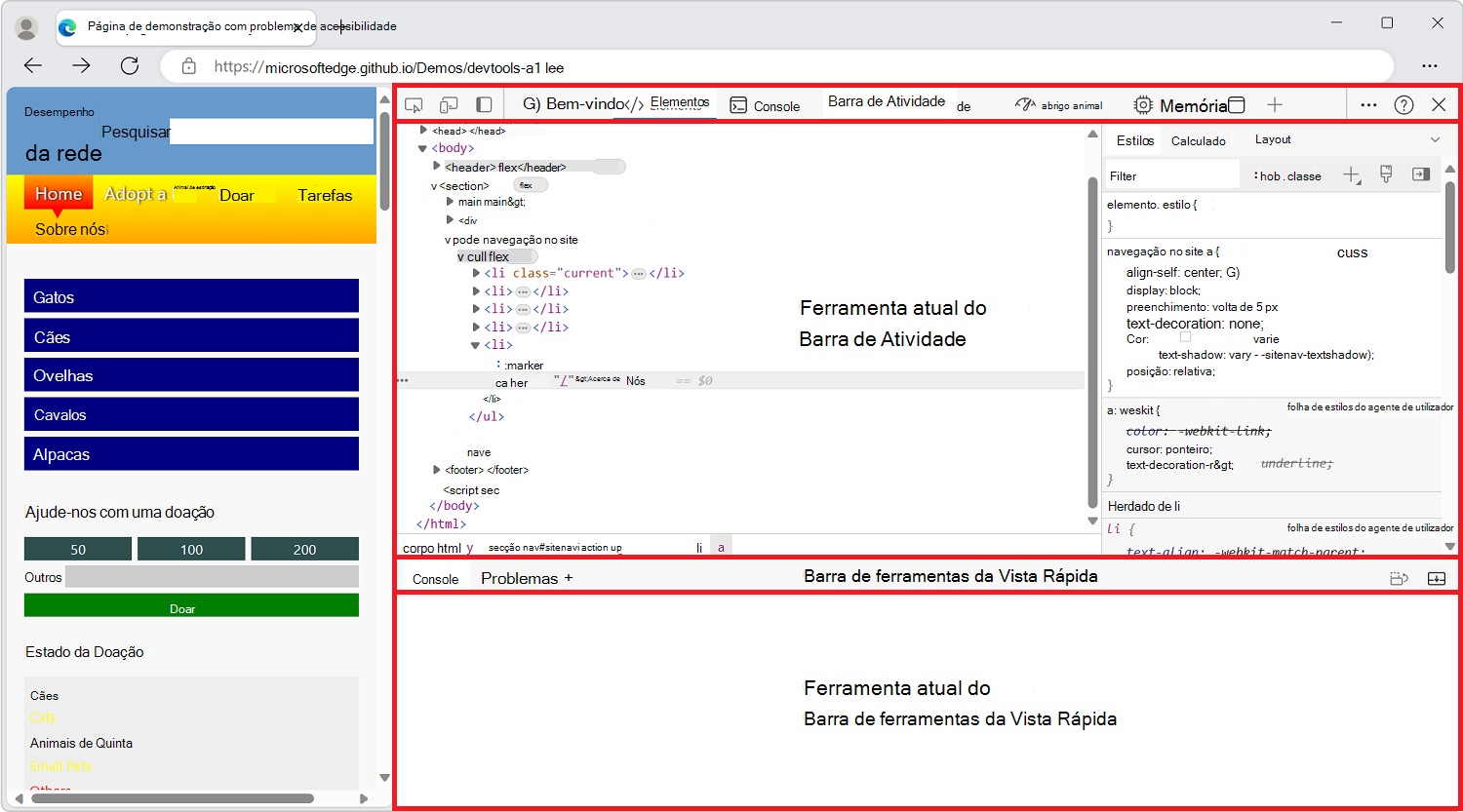Microsoft Edge, com DevTools aberto na lateral, com as 4 áreas principais da interface do usuário realçadas