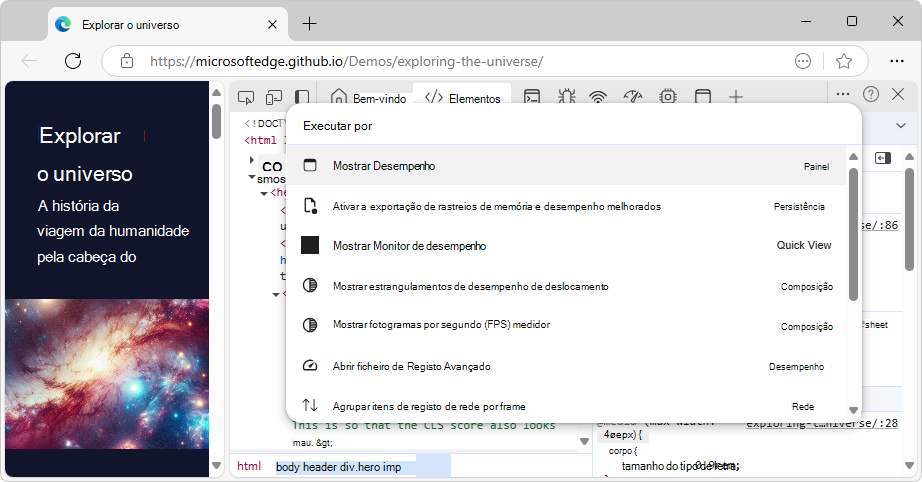 Menu de comandos com 'desempenho' inserido
