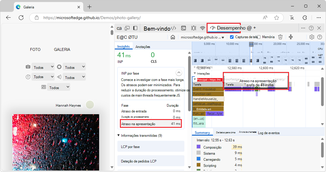 Passar o mouse sobre entradas na guia Insights 