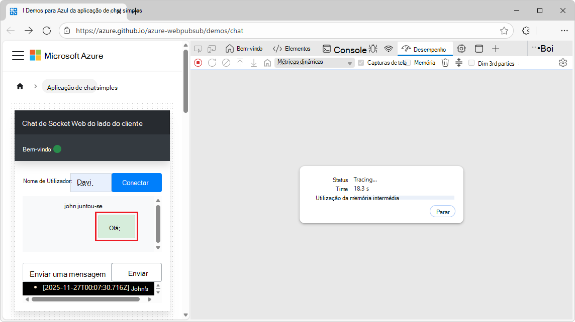 Mensagens do WebSocket na ferramenta Desempenho