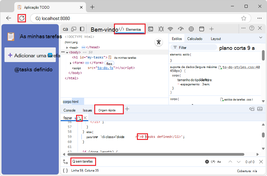 Um arquivo de .js editado na ferramenta Fonte rápida, com página da Web de demonstração atualizada