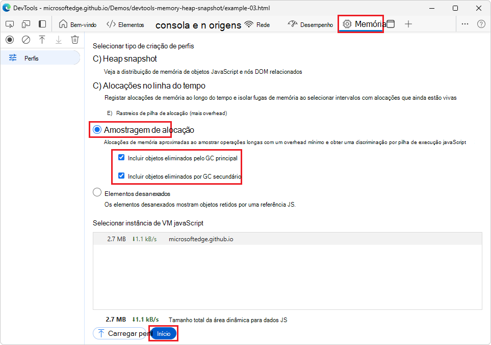 Amostragem de alocação Configurações de GC