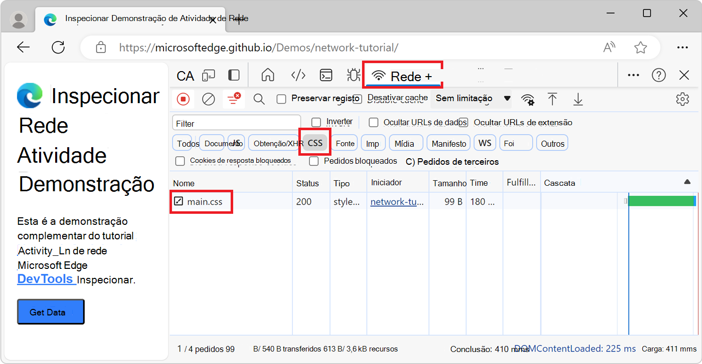 Filtrando para listar apenas arquivos de recursos CSS no Log de Rede