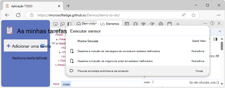 Usando o Menu de Comando para abrir a ferramenta Sensores