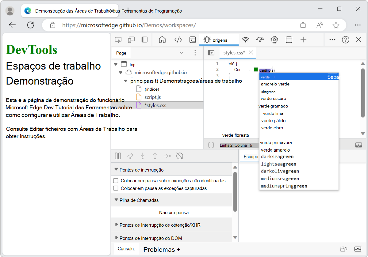 Edite CSS no painel Editor para alterar a cor do texto do título H1 para verde