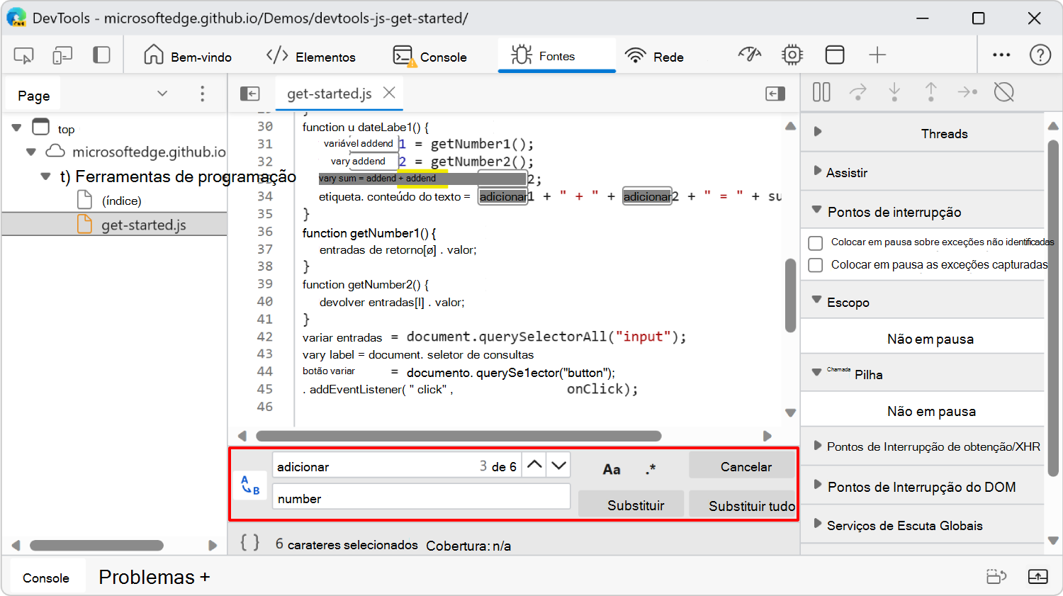 Localizar e Substituir, no painel Editor da ferramenta Fontes