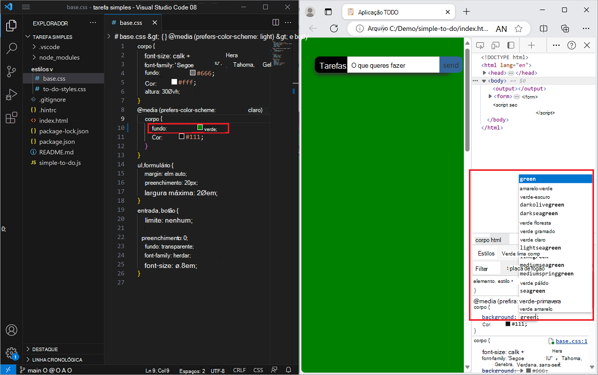 As alterações no código na ferramenta Estilos agora são refletidas no código-fonte no Visual Studio Code