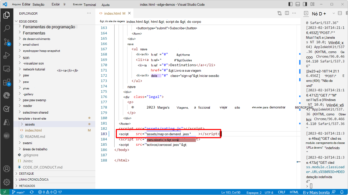 Visual Studio Code, mostrando o código index.html e a nova marca de script de mapa sob demanda
