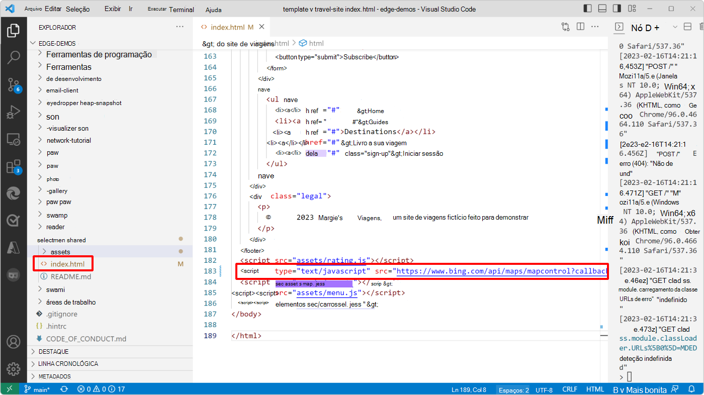 Visual Studio Code, mostrando o código index.html e a marca de script de mapa do Bing