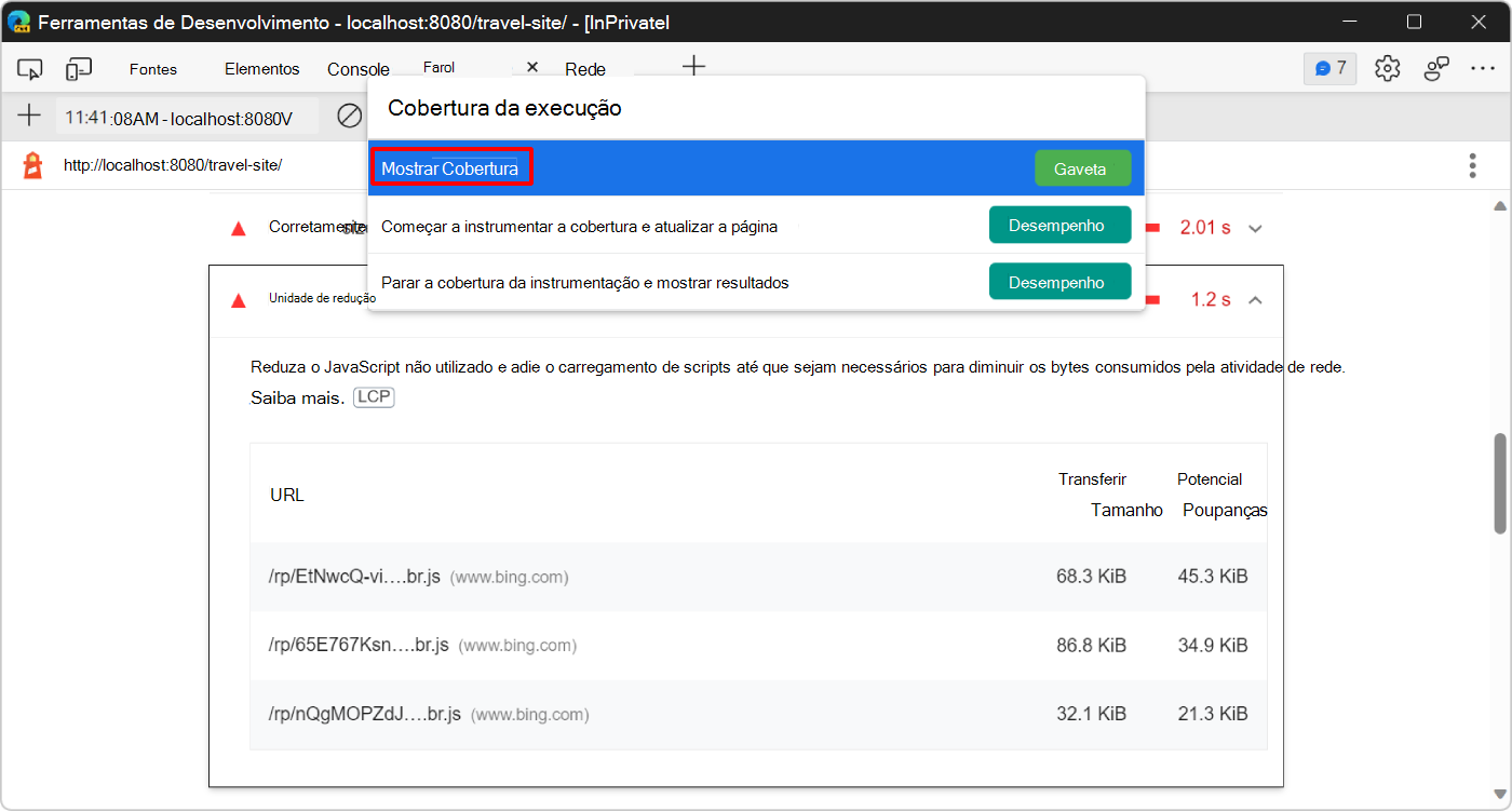 O Menu de Comando no DevTools, mostrando o comando Mostrar Cobertura