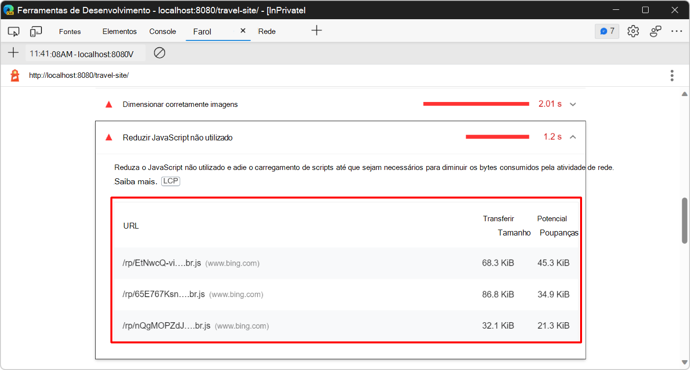 A seção de oportunidade do Lighthouse mostrando as mensagens JavaScript não utilizadas