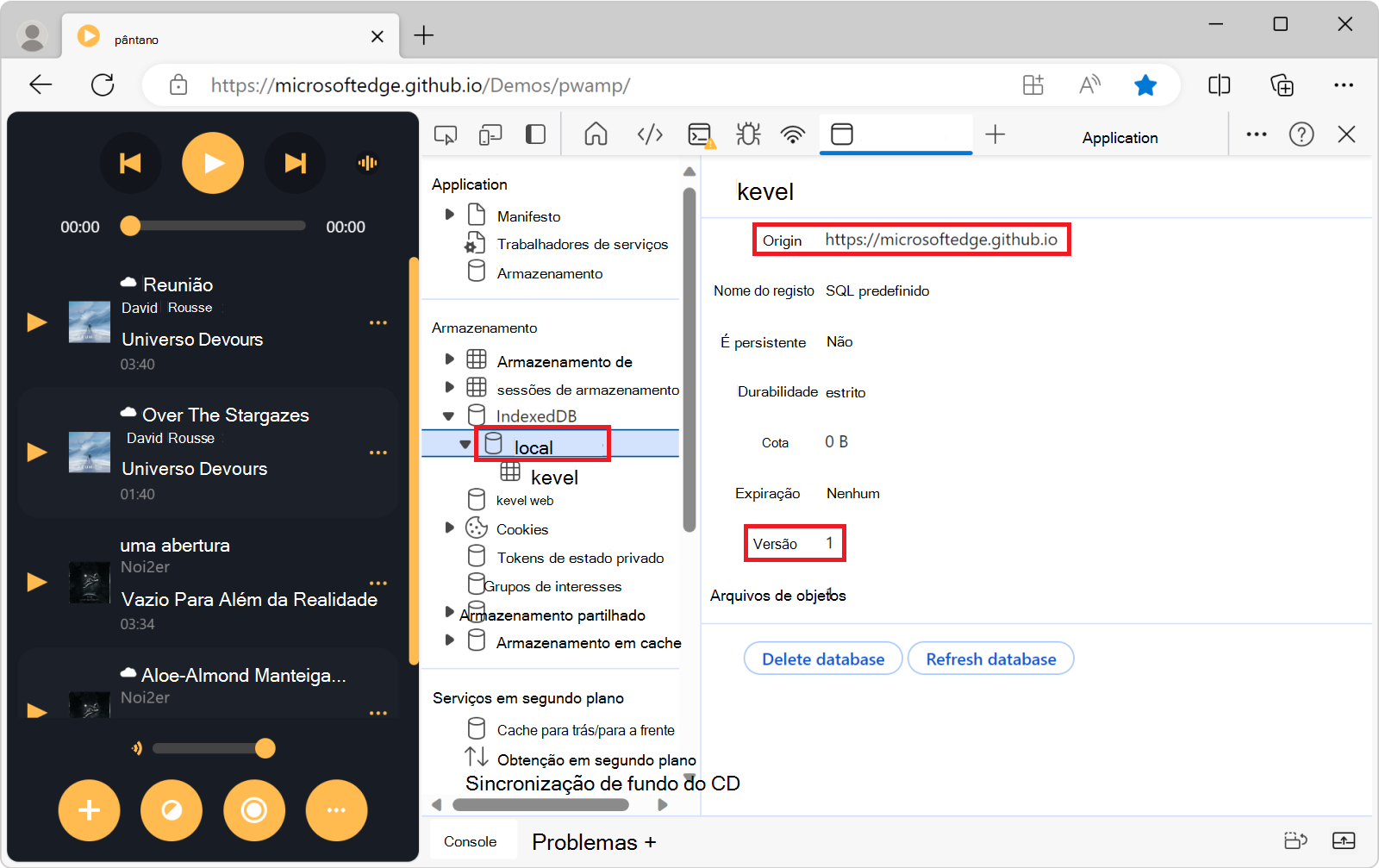 Informações sobre o banco de dados keyval-store, na ferramenta Aplicativo