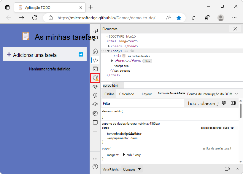 Indicador JavaScript desabilitado ao lado do ícone da ferramenta Fontes na Barra de Atividades