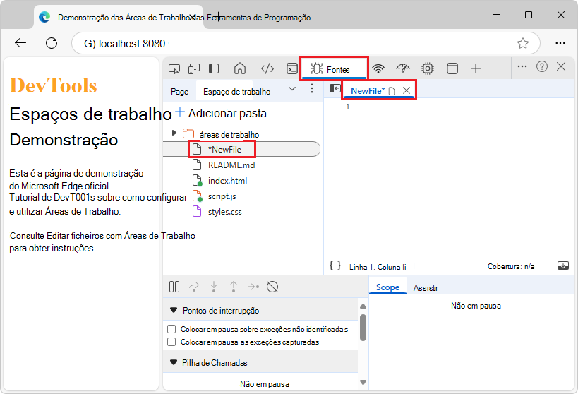 Um novo arquivo adicionado por meio da guia Workspace