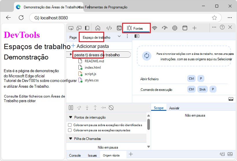 A guia Workspace tem um ponto verde 