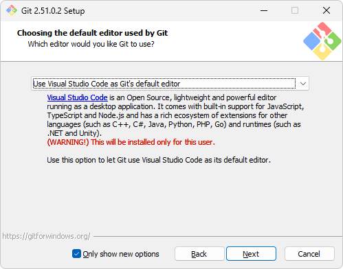 Instalador do git com o Visual Studio Code selecionado como editor padrão