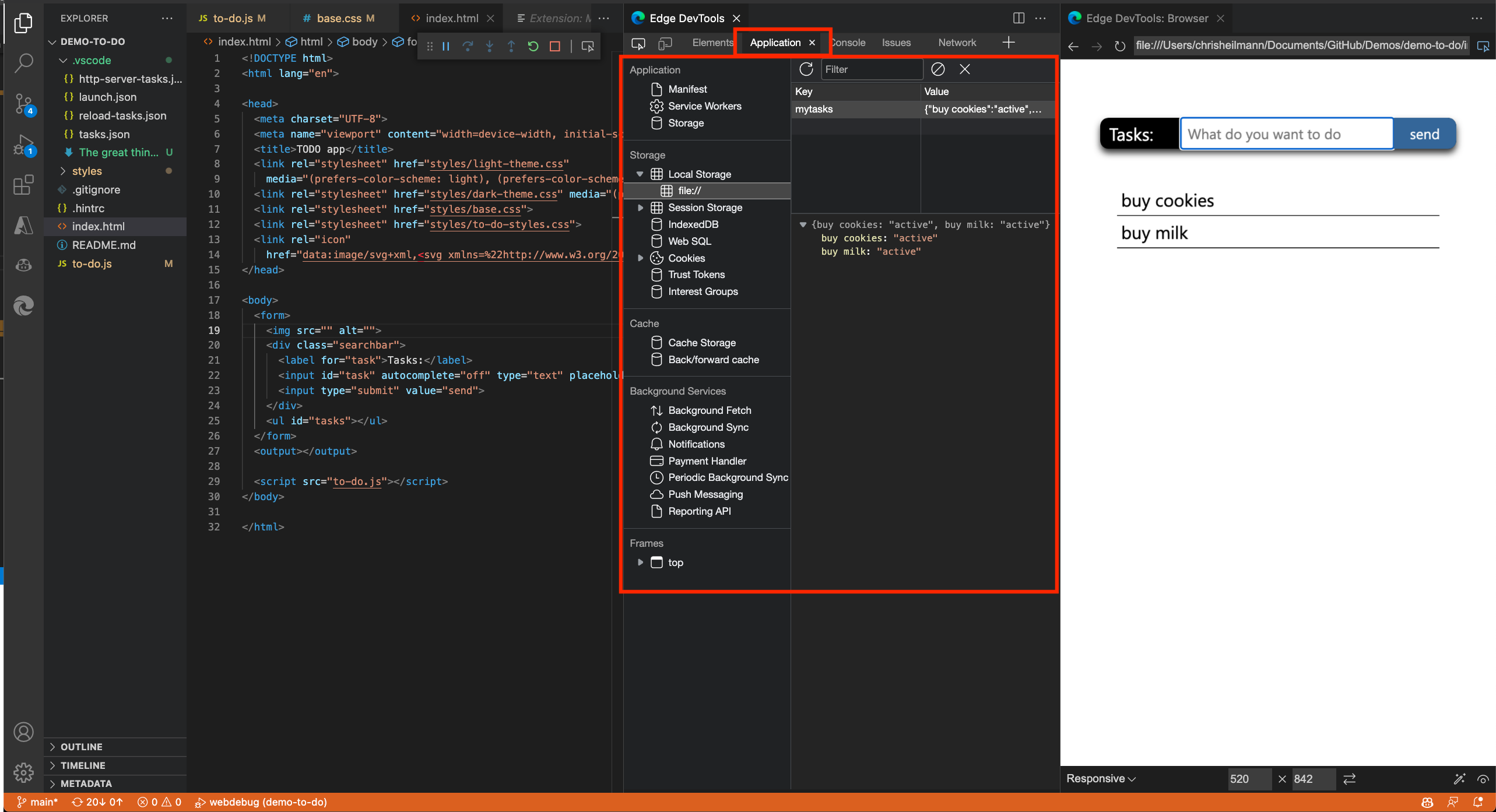 A ferramenta Aplicativo dentro do Edge DevTools para a extensão Visual Studio Code
