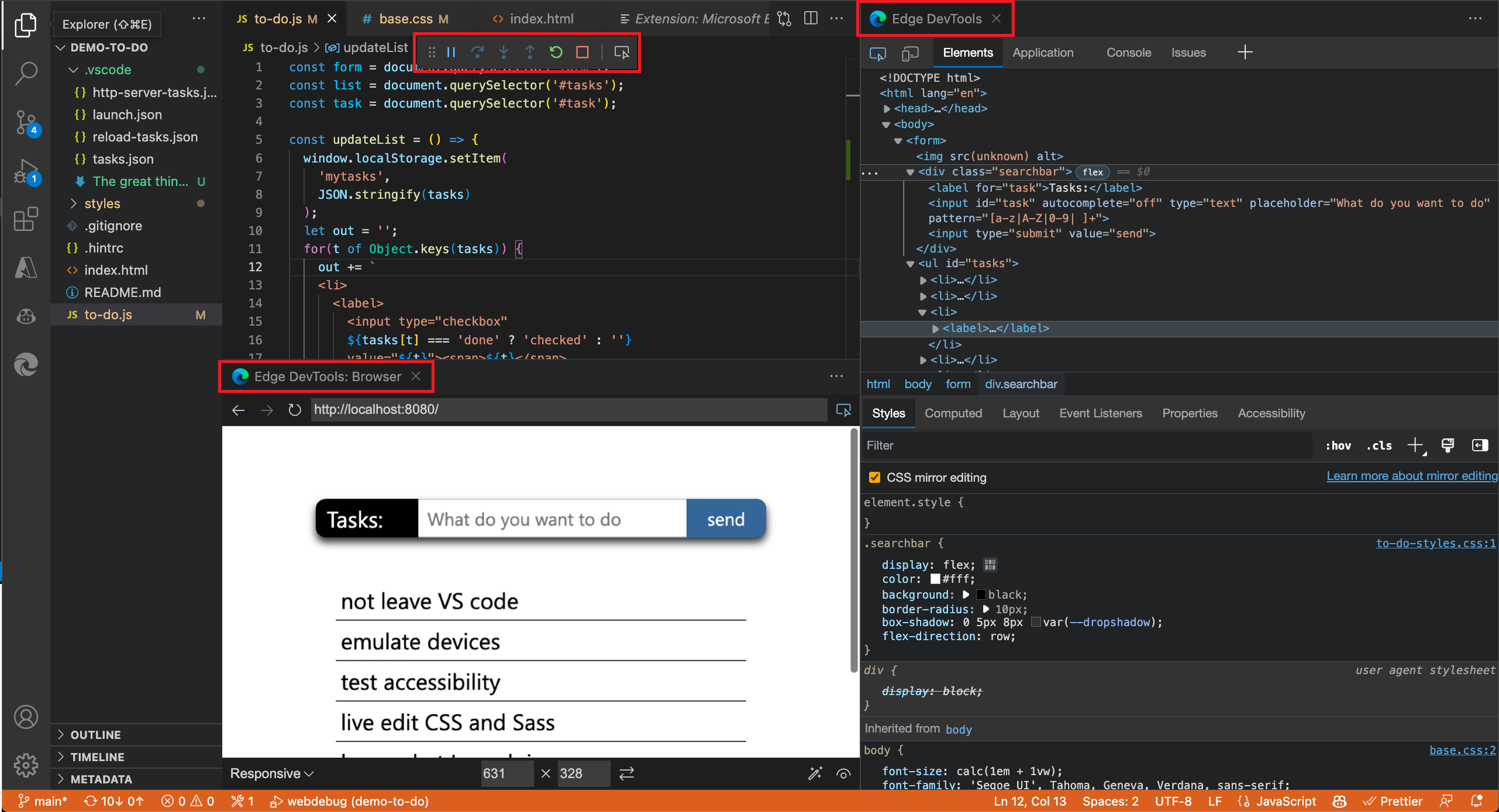 Extensão aberta no Visual Studio Code mostrando a visualização do navegador abaixo do código-fonte e o DevTools à direita