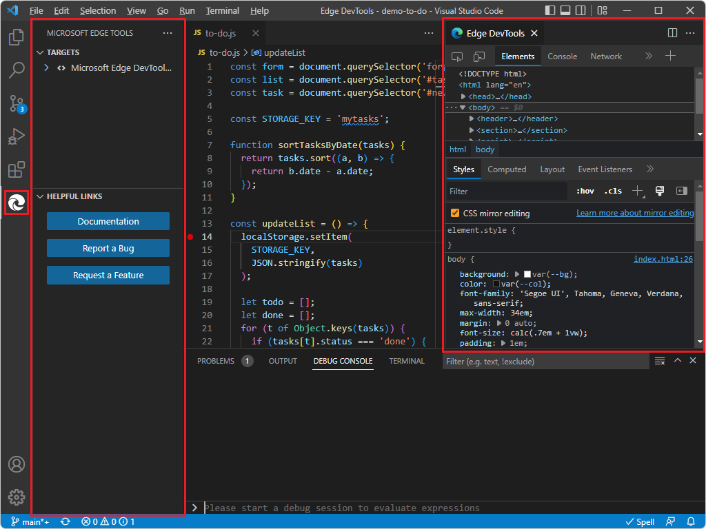 Visual Studio Code quando o navegador externo é iniciado (e sem barra de ferramentas de depuração)