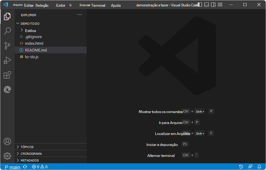 A pasta de exemplo de demonstração de tarefa aberta no Visual Studio Code