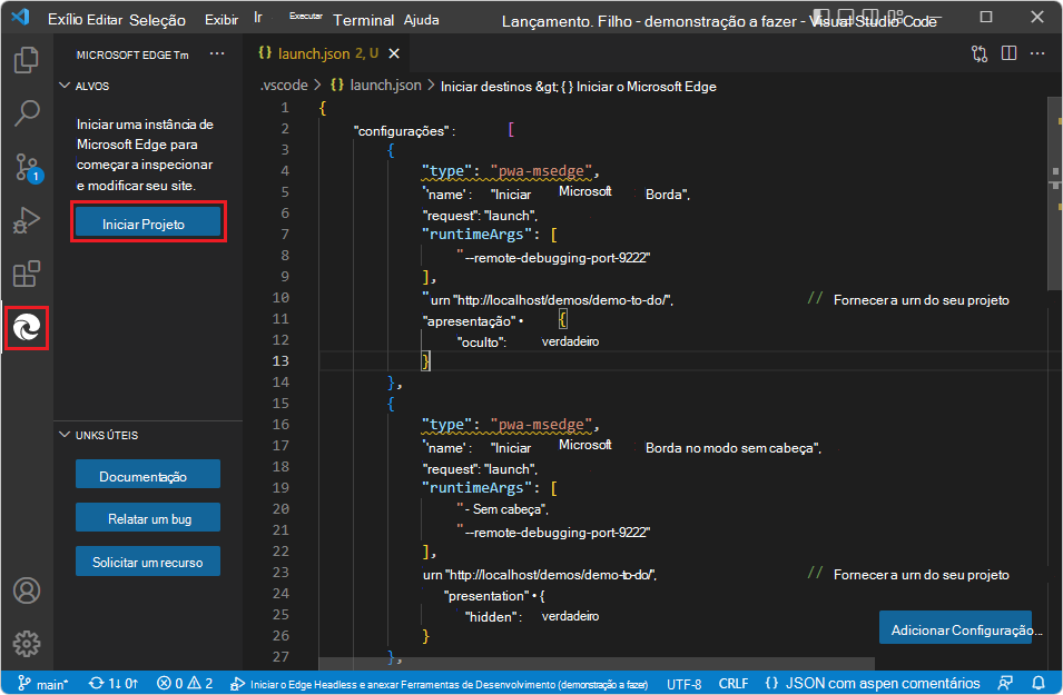 Painel Destinos quando existe um arquivo launch.json