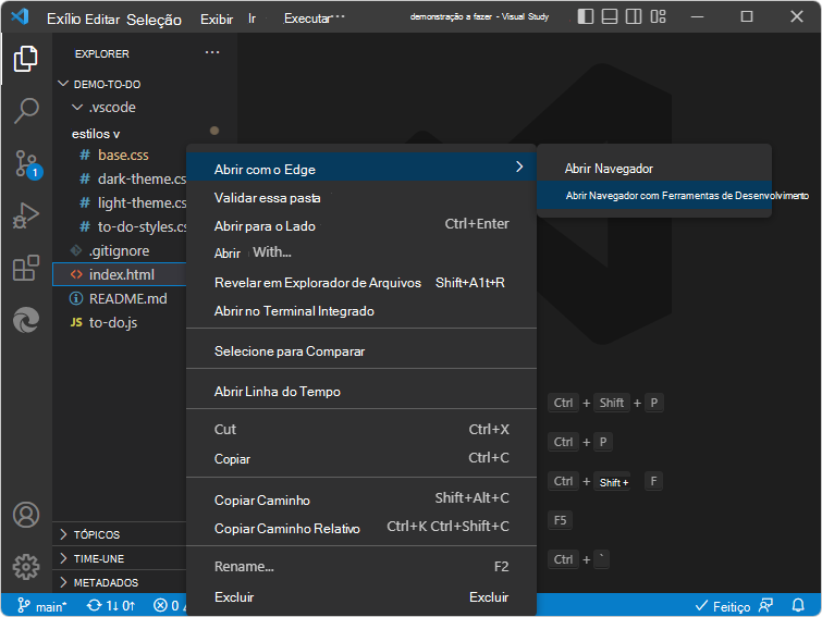 Clique com o botão direito do mouse > em Abrir Navegador com o DevTools