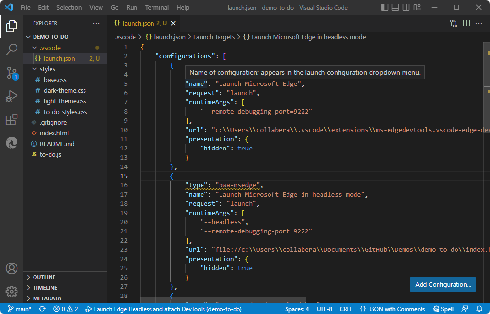 Dica de ferramenta do Intellisense ao passar o mouse sobre um nome ou valor JSON
