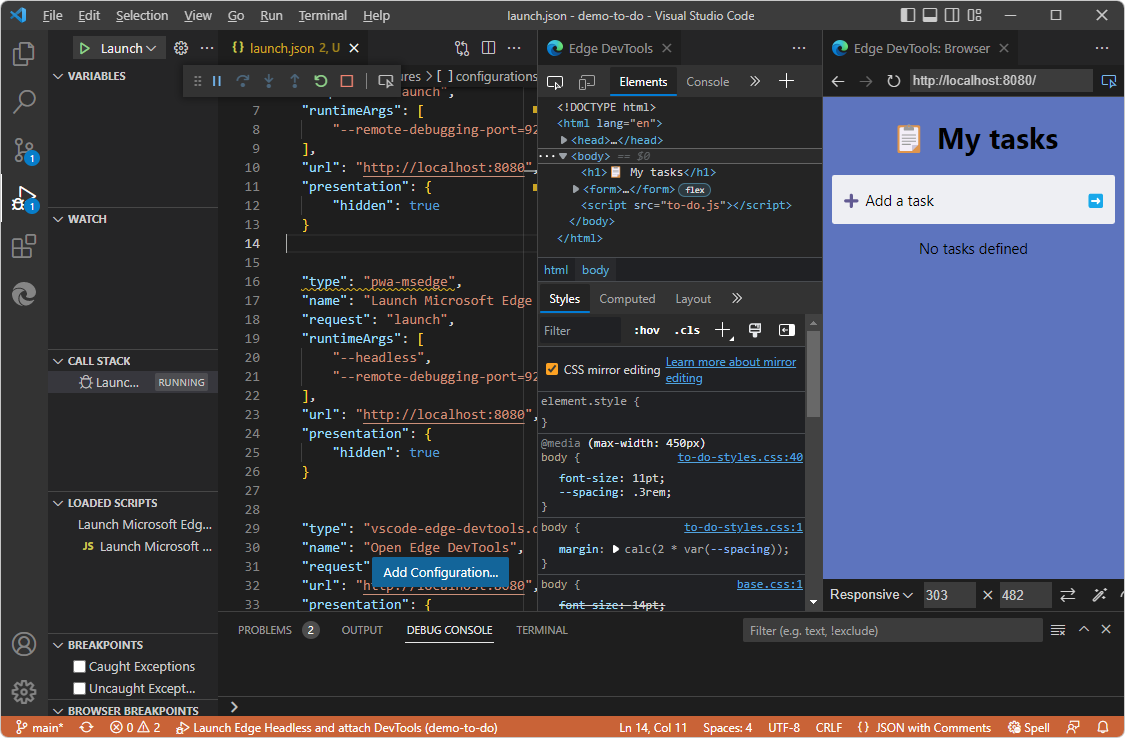 O aplicativo de demonstração lançada no DevTools pelo botão Iniciar Projeto