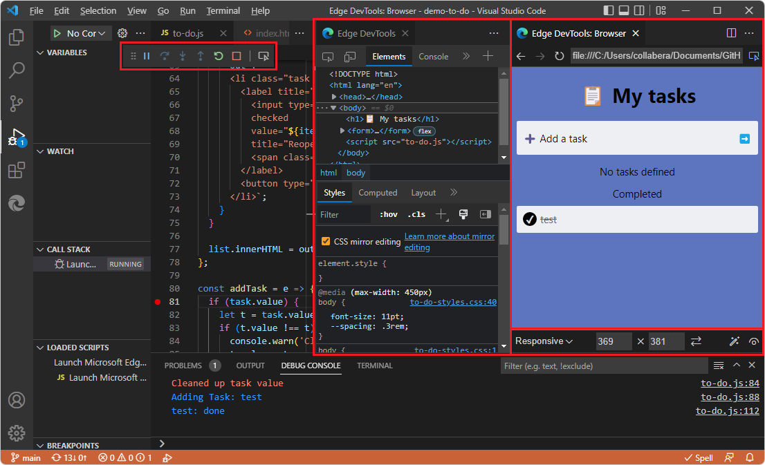Os componentes do DevTools da seleção Abrir navegador com o DevTools