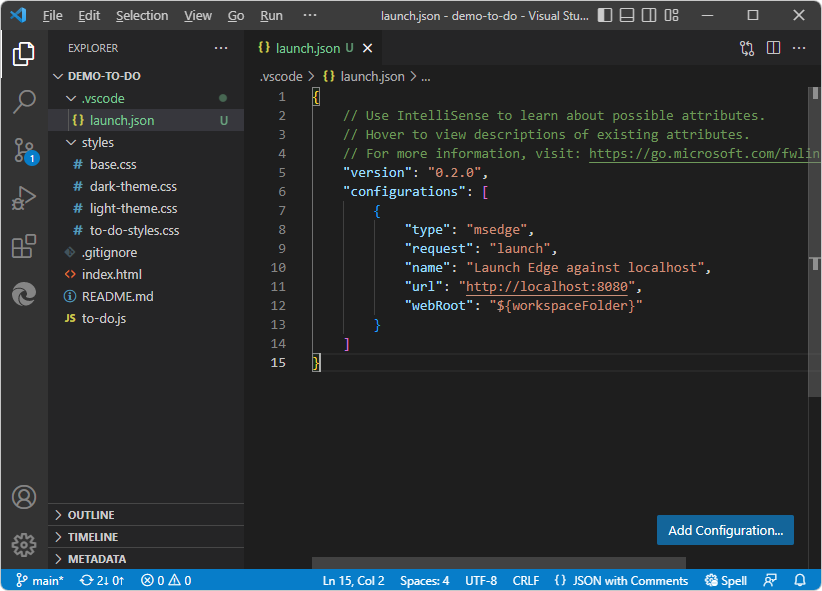 Remoção de um arquivo launch.json incorreto